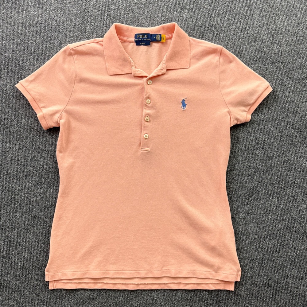 Polo Ralph Lauren Polo Shirt Womens M Peach Slim Fit Cotton Stretch Blue Pony - Picture 2 of 9